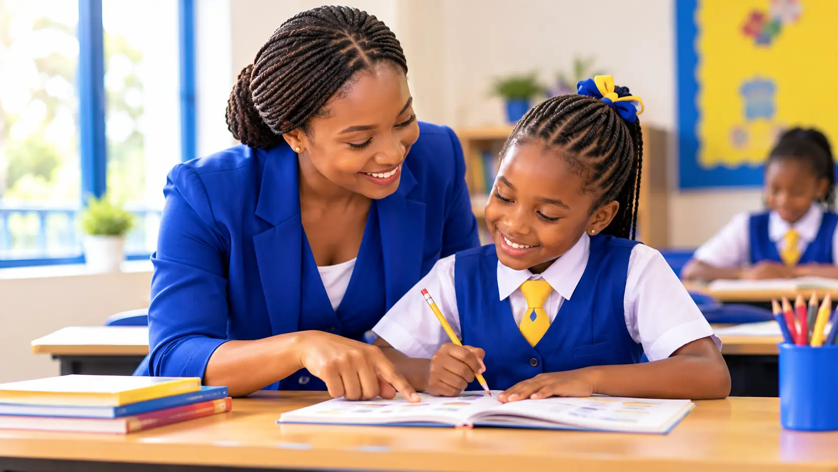 A teacher helping a pupil with classwork